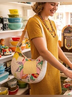 Handmade Upcycled Vintage Quilt Crescent Bag